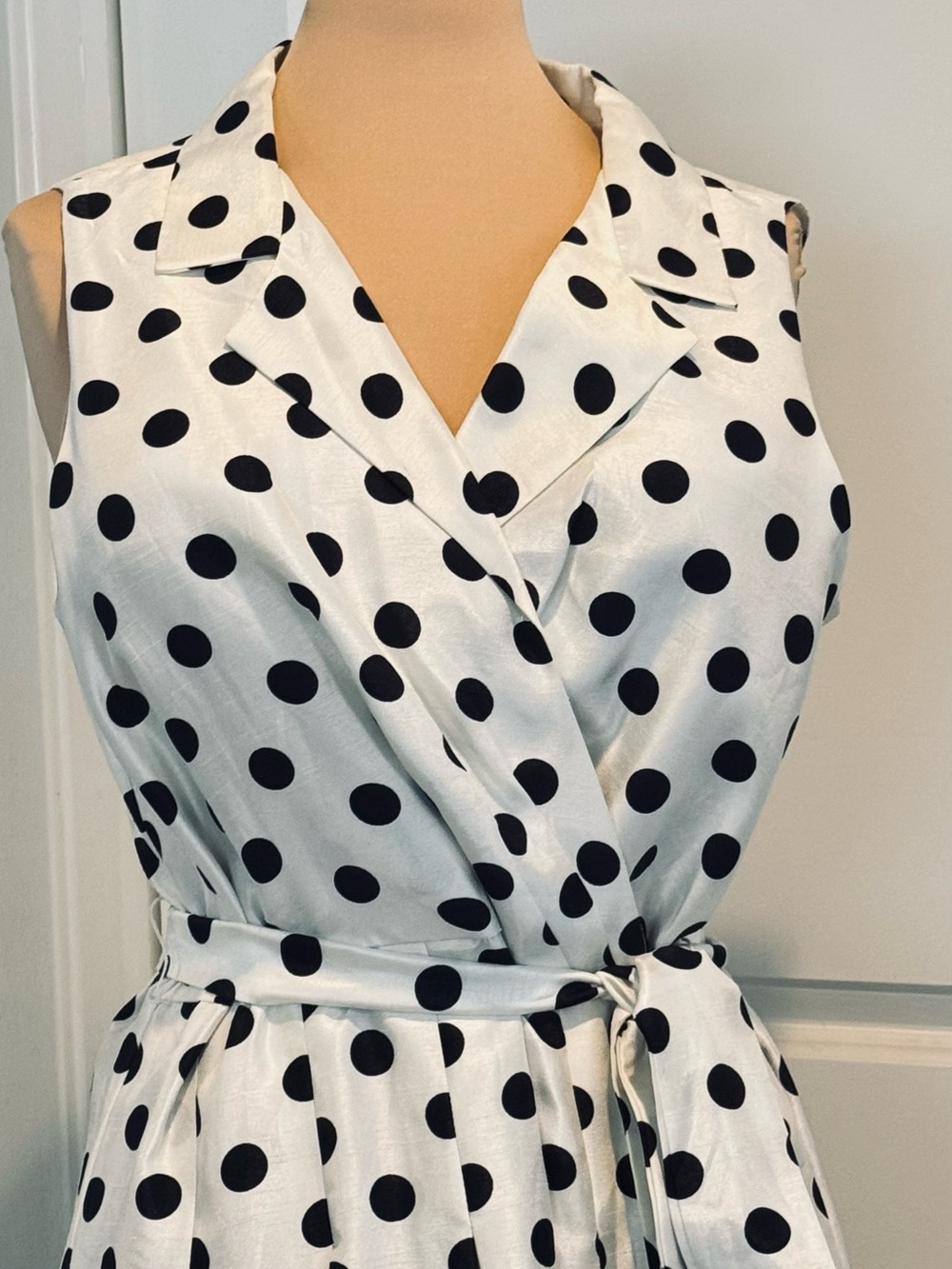 Jessica Howard Black White Polka Dot Faux Wrap Sleeveless Mid Fit Flare Dress 18 - Picture 5 of 12